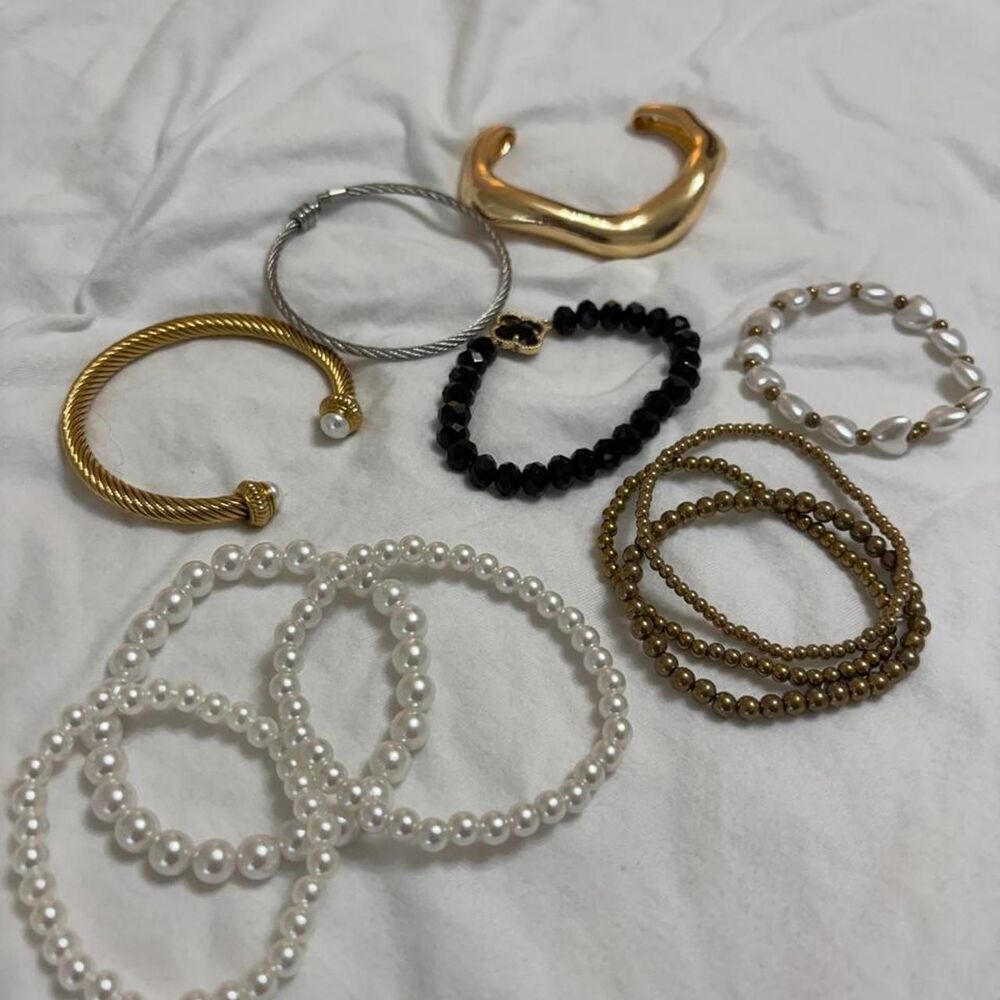 10+ Gold Pearl Bracelet Bundle Stackable Beaded Charm Jewelry Boho Bracelet Set
